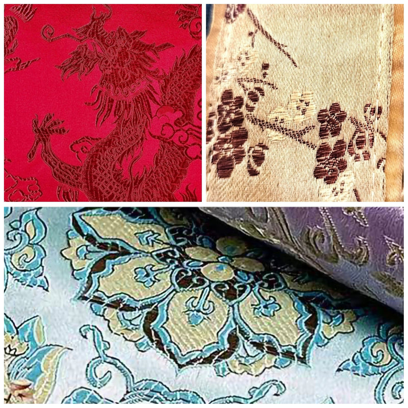 Collage of various silk fabric patterns including a red dragon design, floral pattern